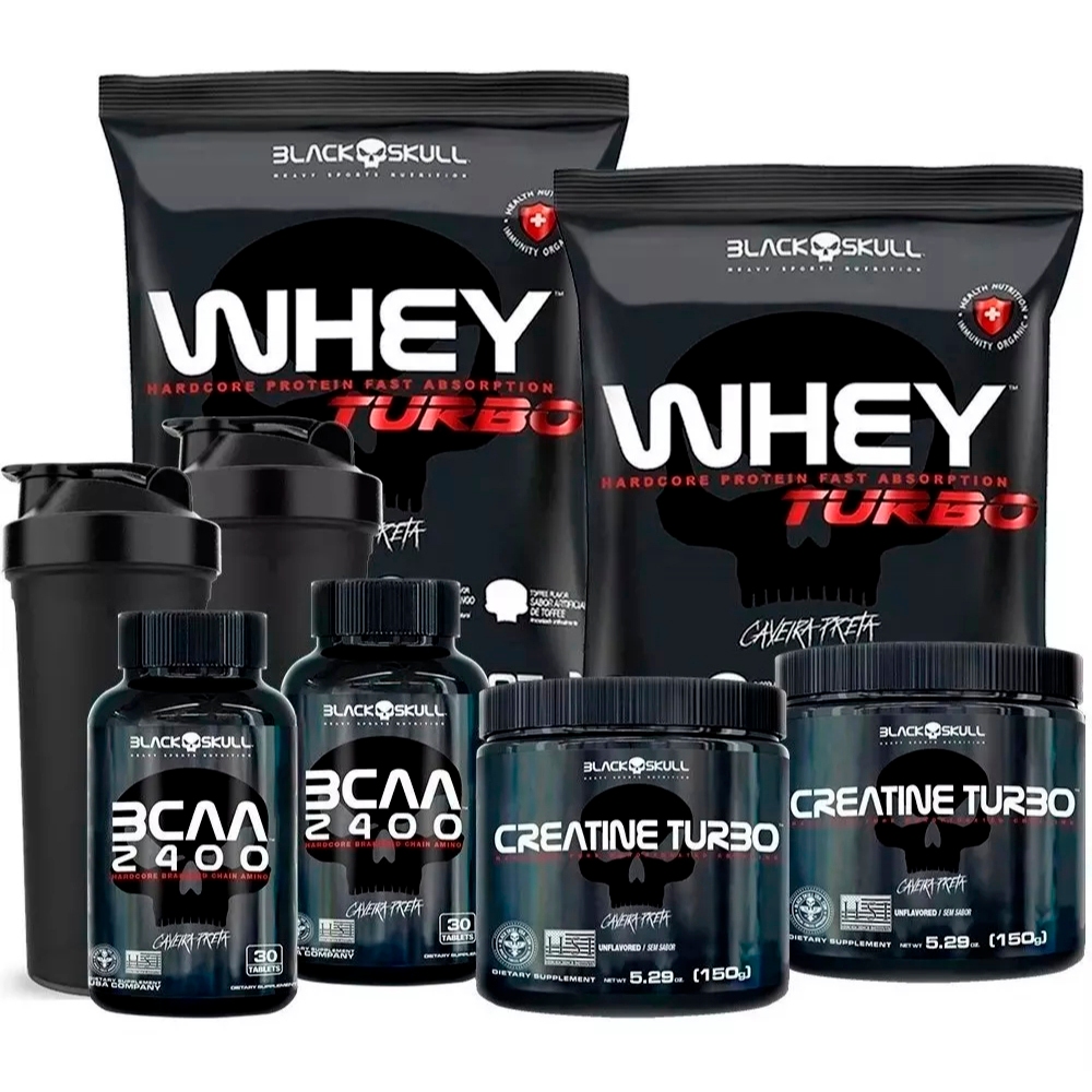 Kit 2x Whey Protein Turbo Bcaa Creatina Black Skull