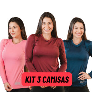 Kit 3 Camisas Feminina Proteção Solar UV Segunda Pele Blusa Manga