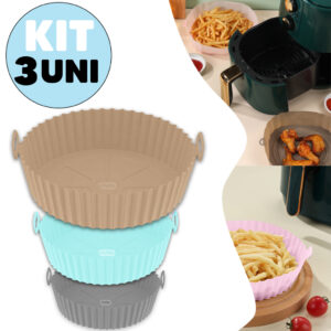 Kit 3 Cesto de Silicone Redondo Air Fryer e Forno Forma para