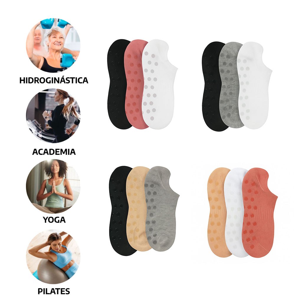 Kit 3 Pares Meias Antiderrapante Yoga Pilates Hidroginástica Academia