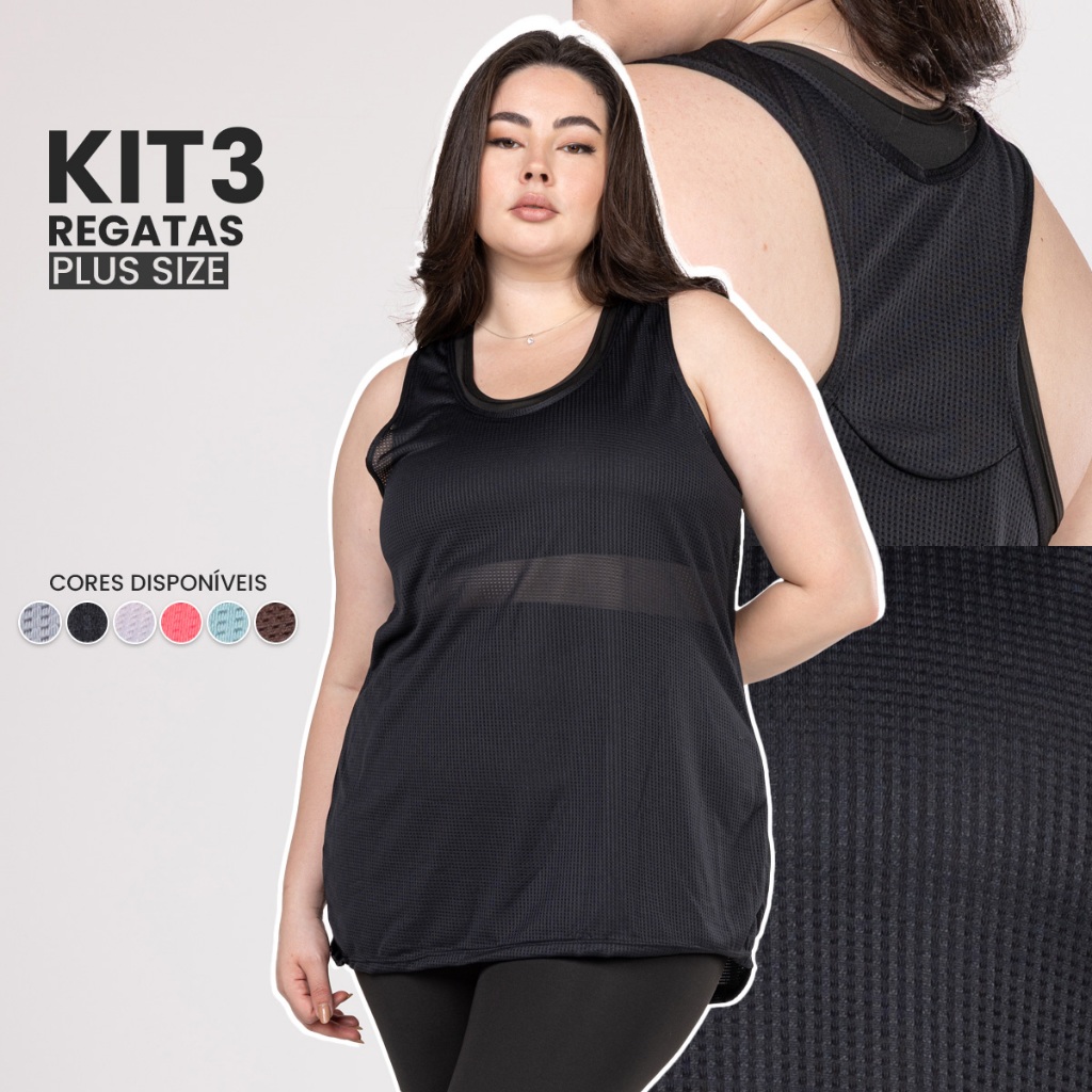 Kit 3 Regatas Plus Size Fitness Dry Camisetas Academia, Musculação e