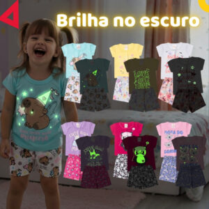 Kit 4, 6 ou 8 peças Pijama Infantil Brilha no Escuro Menina Verão