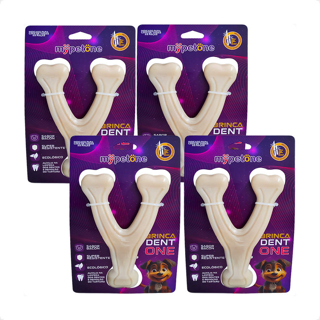 Kit 4 Brinquedo Osso Bamboo Brinca Dent One Sabor Bacon Forquilha