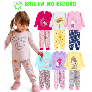 Kit 4 Peças Pijama Sortido Brilha no Escuro Infantil Menina Inverno