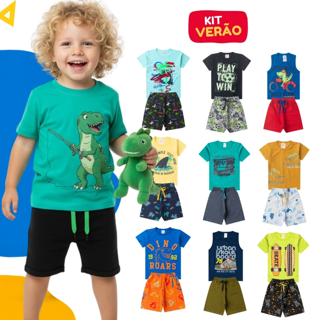 Kit 4 Peças Roupa Infantil Menino Verão Conjunto Masculino 2 Blusas 2