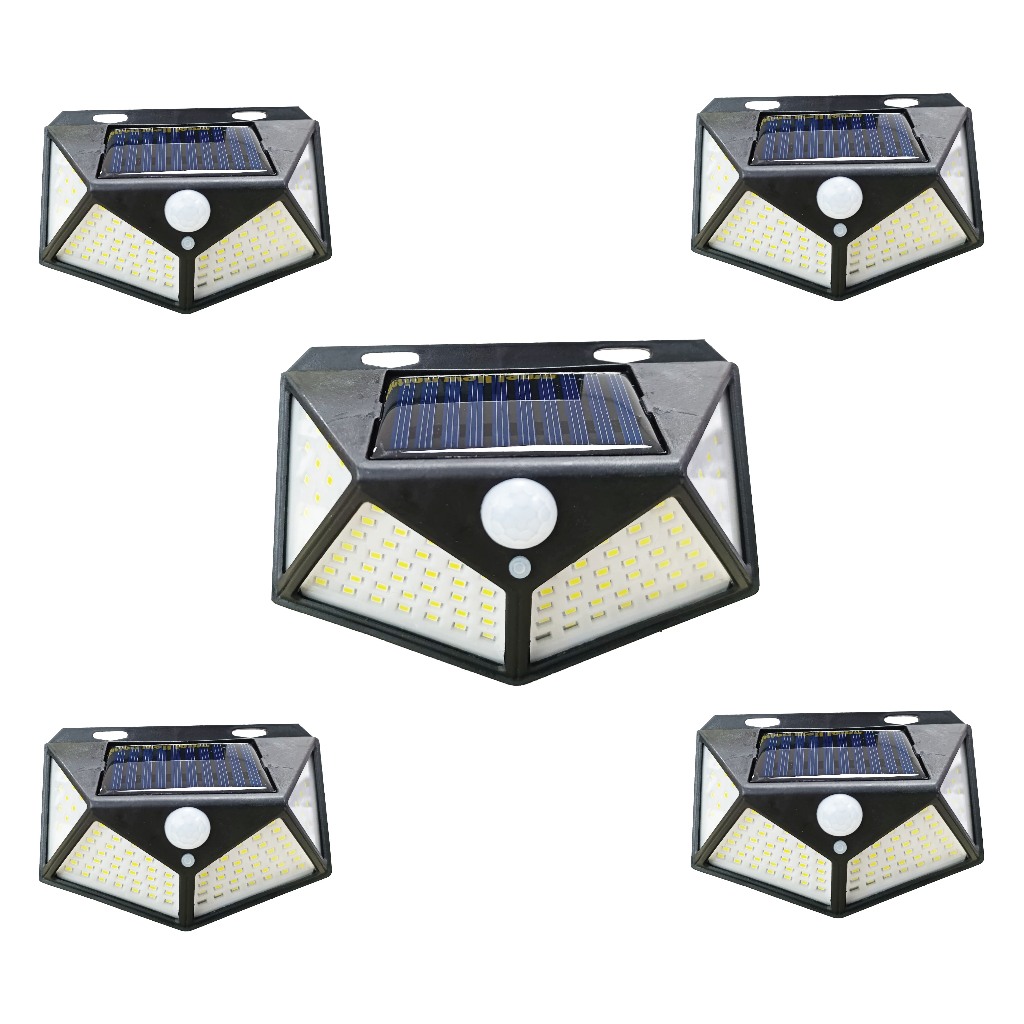 Kit 5 Luminária Solar Parede 100 Leds Sensor Presença Com 3 Funções