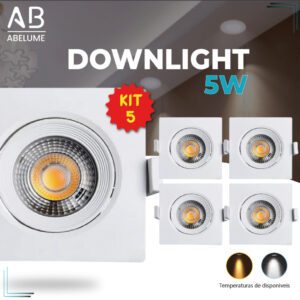 Kit 5 Luminária Spot Led Quadrado Direcionável 5W Embutir Gesso Teto
