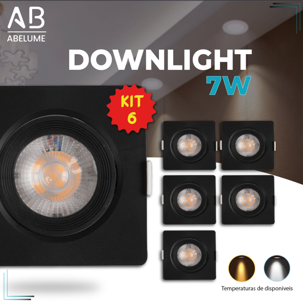 Kit 6 Luminária Spot Led Quadrado Direcionável 7W Embutir Teto Preto