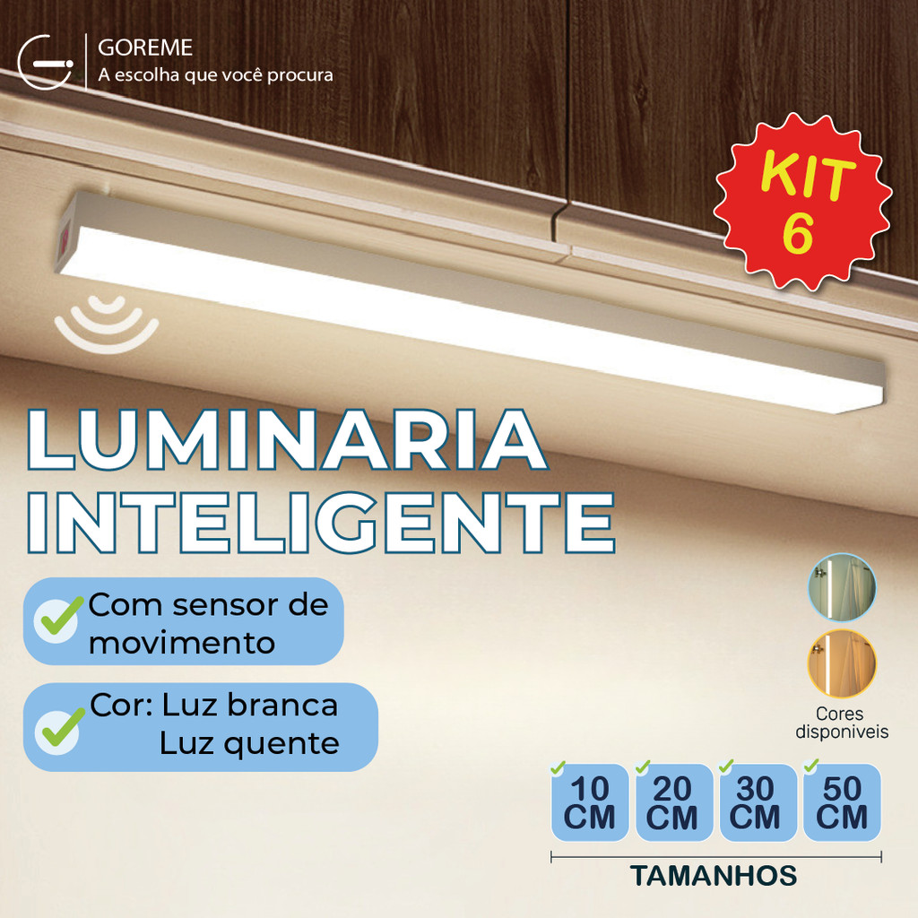Kit 6 Smart Luminária Inteligente Ultra LED com sensor de movimento