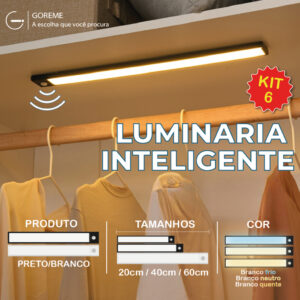 Kit 6 Smart Luminária Inteligente Ultra LED com sensor de movimento
