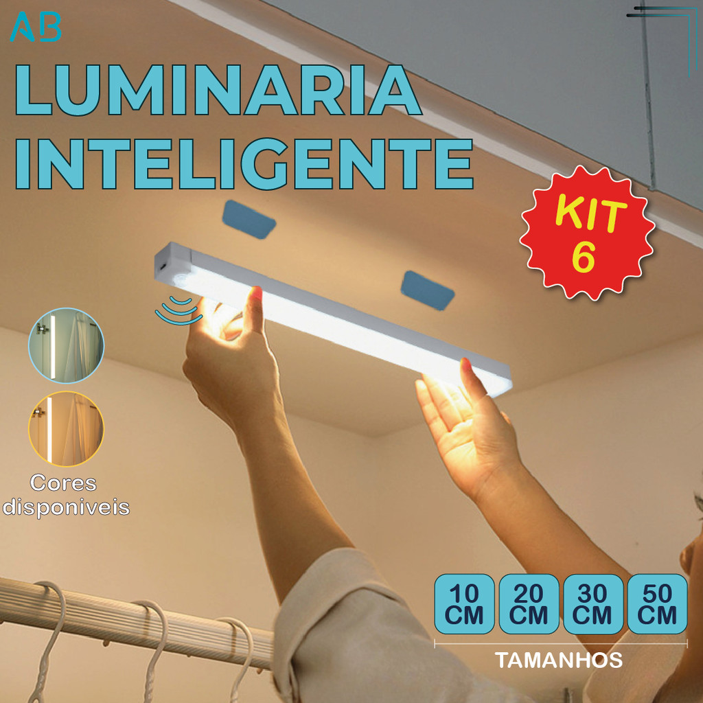 Kit 6 Smart Luminária Inteligente Ultra LED com sensor de movimento