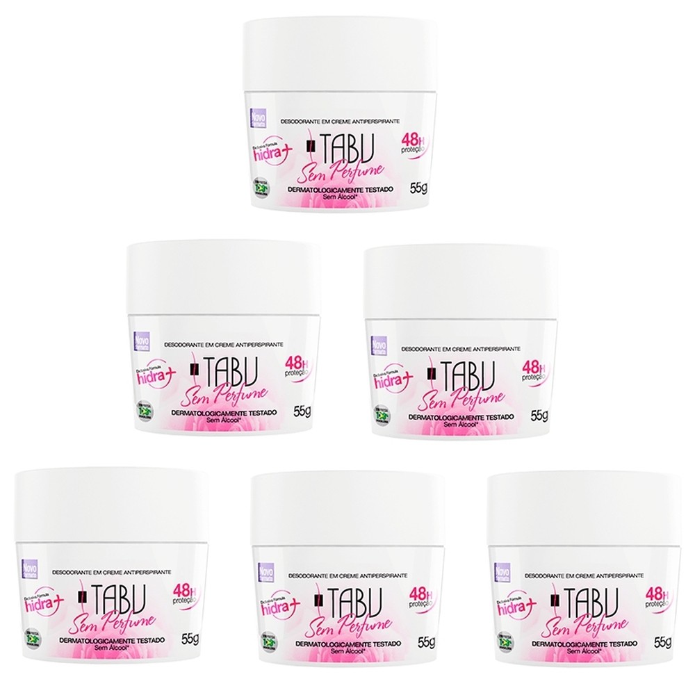 Kit 6 unid Desodorante Creme Antitranspirante Tabu Sem Perfume 55G