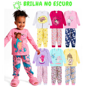 Kit 8 Peças Pijama Brilha no Escuro Infantil Menina Inverno Roupa