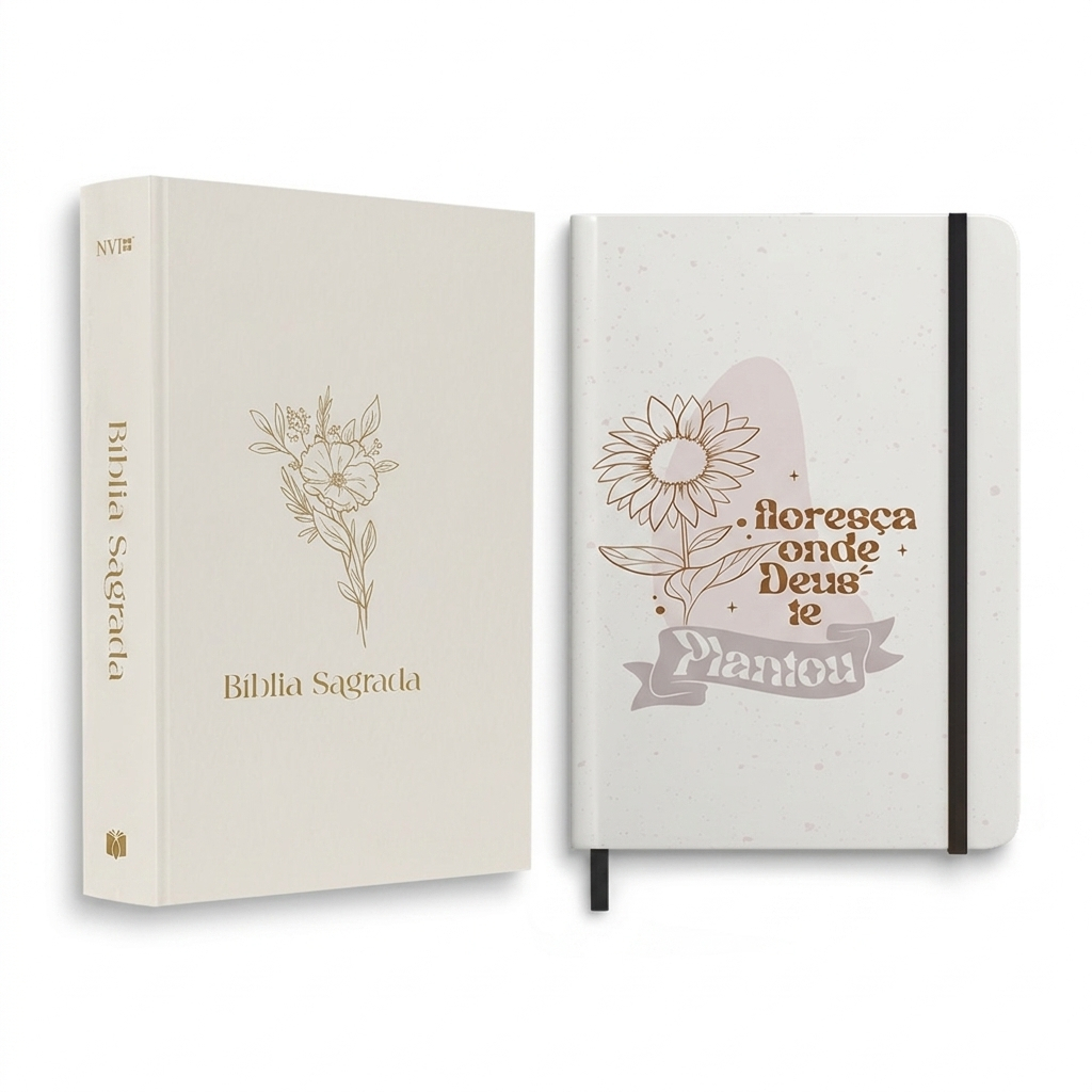 Kit Bíblia Sagrada Flor Nvi Letra Normal Capa Dura Caderno Moleskine