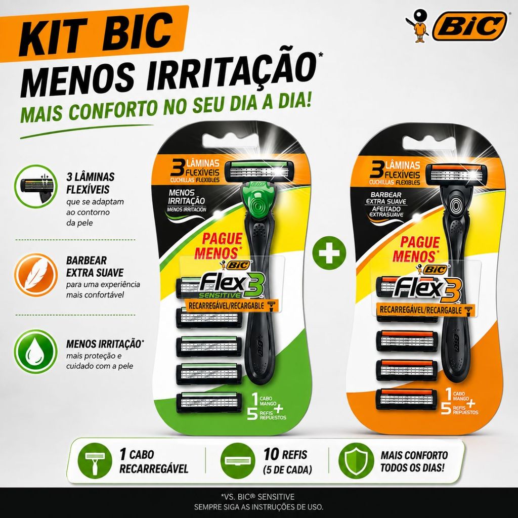 Kit Bic Flex3 Barbeador Recarregável Flex3 Hybrid Sensitive