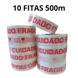 Kit com 10 Fita Adesiva Cuidado Fragil 500m Larga Para Embalar