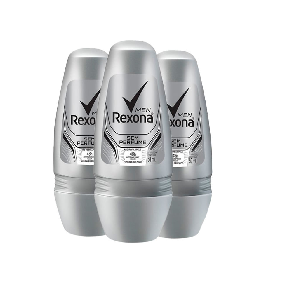 Kit Desodorante Roll On Rexona Men Sem Perfume 50ml 3 Unidades