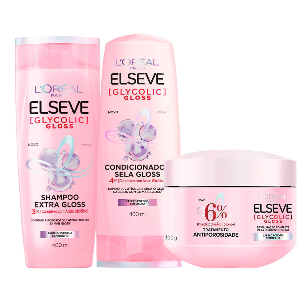 Kit Elseve Glycolic Gloss Shampoo 400ml Condicionador 400ml Máscara