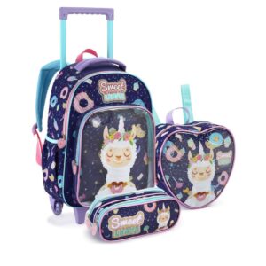 Kit Escolar Infantil Lhama, Mochila de Rodinhas, Lancheira Térmica e