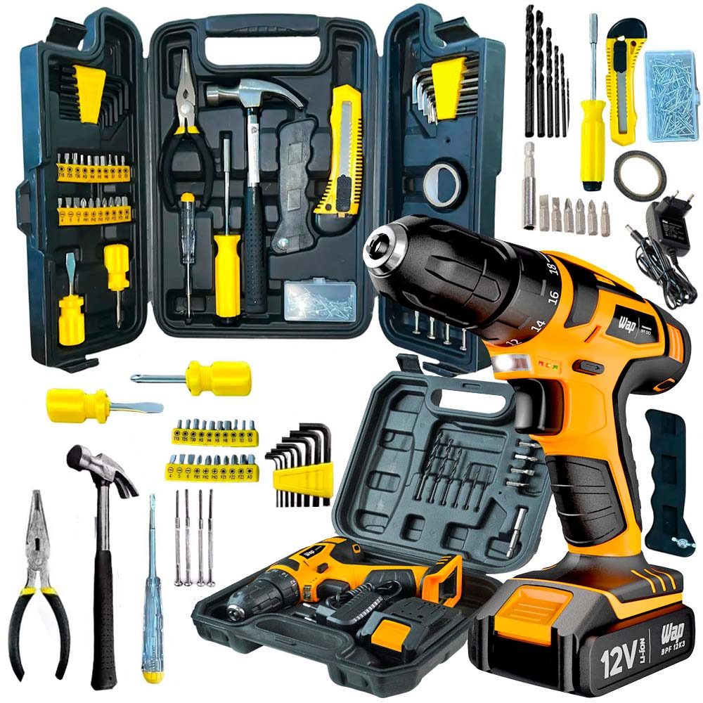 Kit Ferramentas Parafusadeira e Furadeira a Bateria Wap 12K3 e Maleta