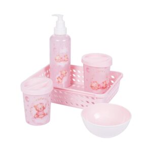 Kit Higiene Ursa Rosa 5 Peças Organizador Porta Cotonete Algodão Bowl