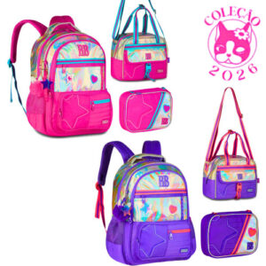Kit Mochila de Costas ,Lancheira e Estojo Rebecca Bonbon Holo Shine
