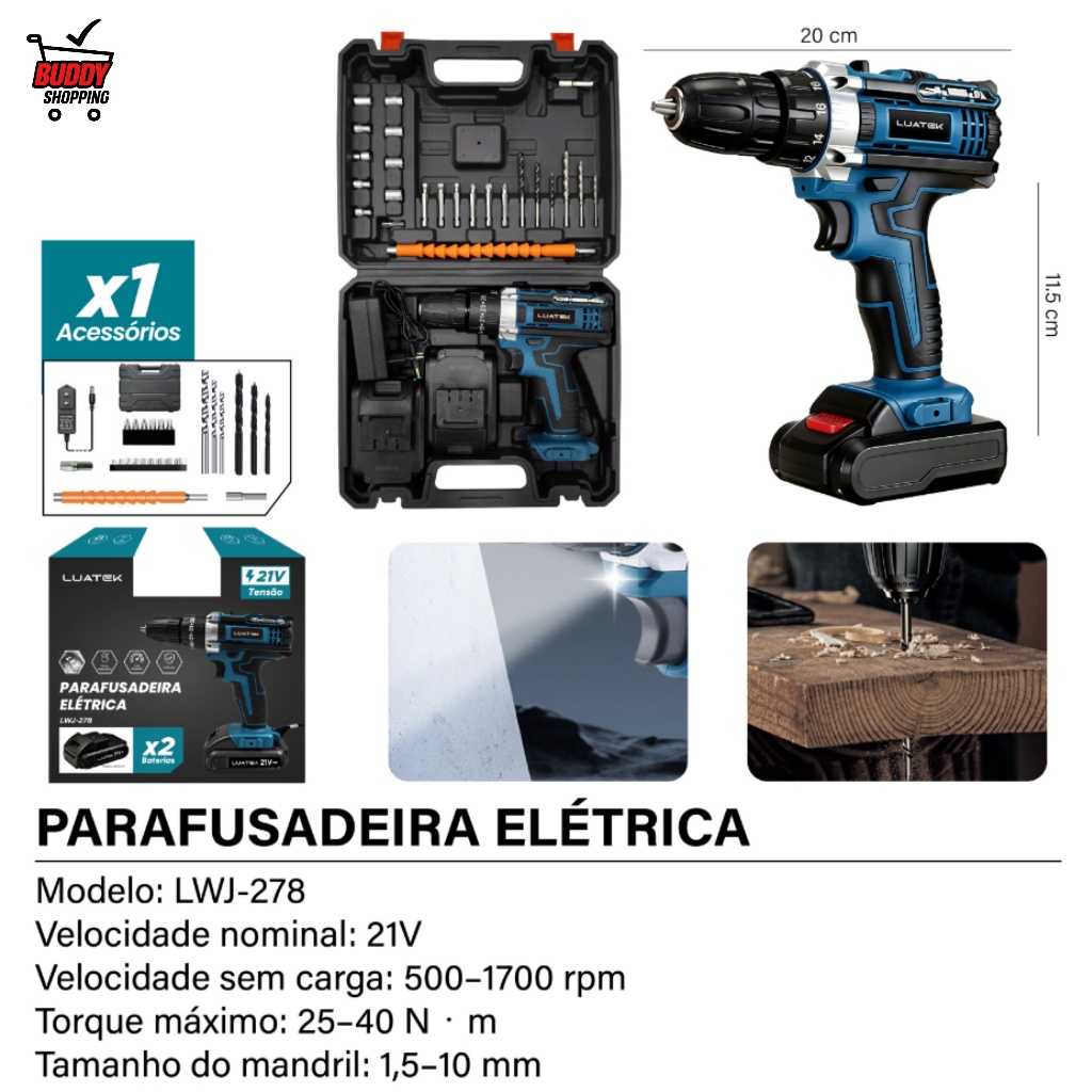 Kit Parafusadeira Furadeira 21V com Maleta e Acessórios 2 Baterias