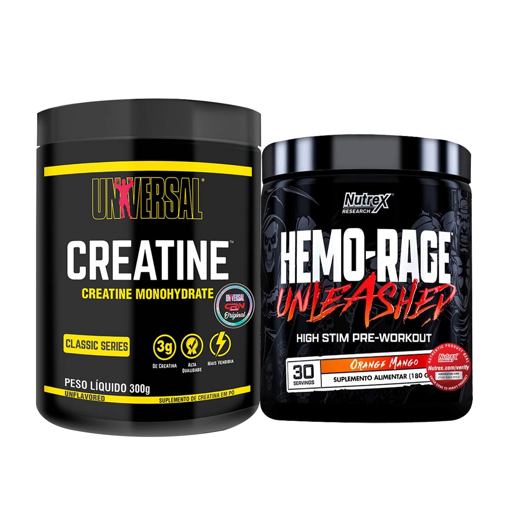 Kit Pré-Treino Hemo-Rage Unleashed 180g Nutrex Research Creatina 300g