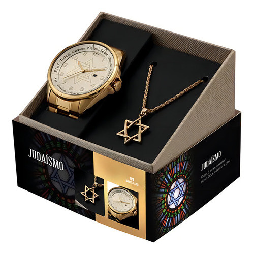 Kit Relógio Seculus Masculino Judaísmo com Colar 23702GPSKDA1K1