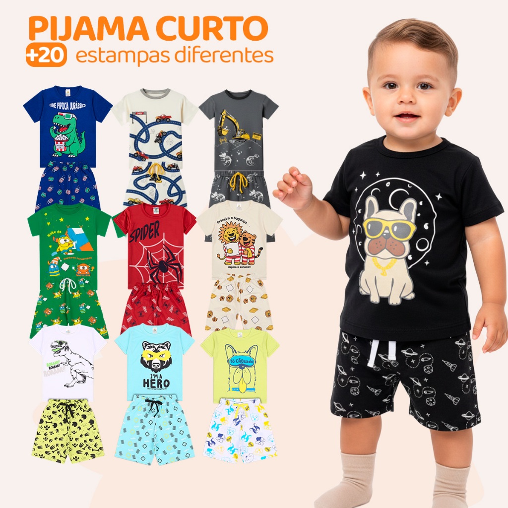 Kit Sortido 6 Peças Pijama Curto Bebê Menino Kit 3 Pijamas menino