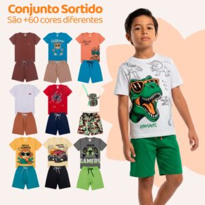 Kit Sortido 8 Peças de Roupas Infantil Menino 4 Camisetas 4 Bermudas