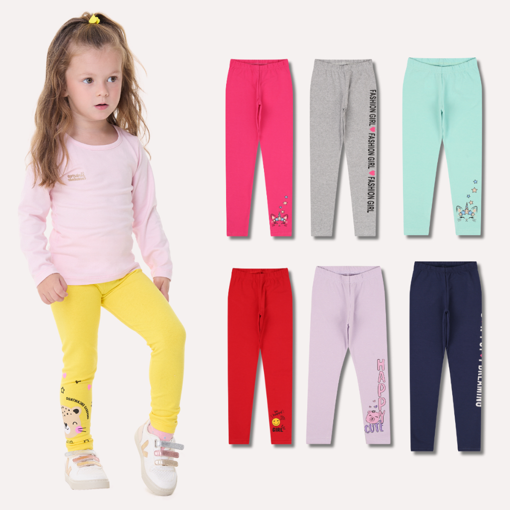 Kit Sortido de 3 Calças Leggings de Cotton para Meninas Tamanho 2 ao