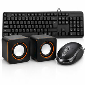 Kit Teclado e Mouse com Fio Caixa de Som USB P2 para PC Computador