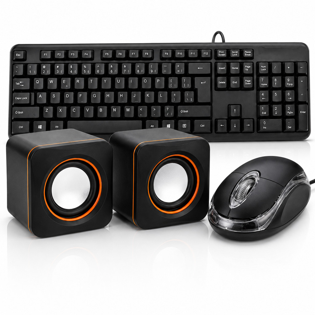Kit Teclado e Mouse com Fio Caixa de Som USB P2 para PC Computador