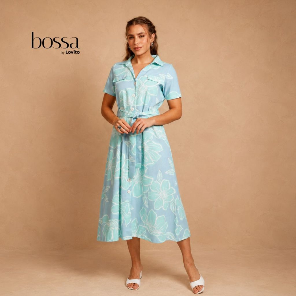 Lovito Bossa Vestido Feminino com Linho Elegante com Abotoamento e