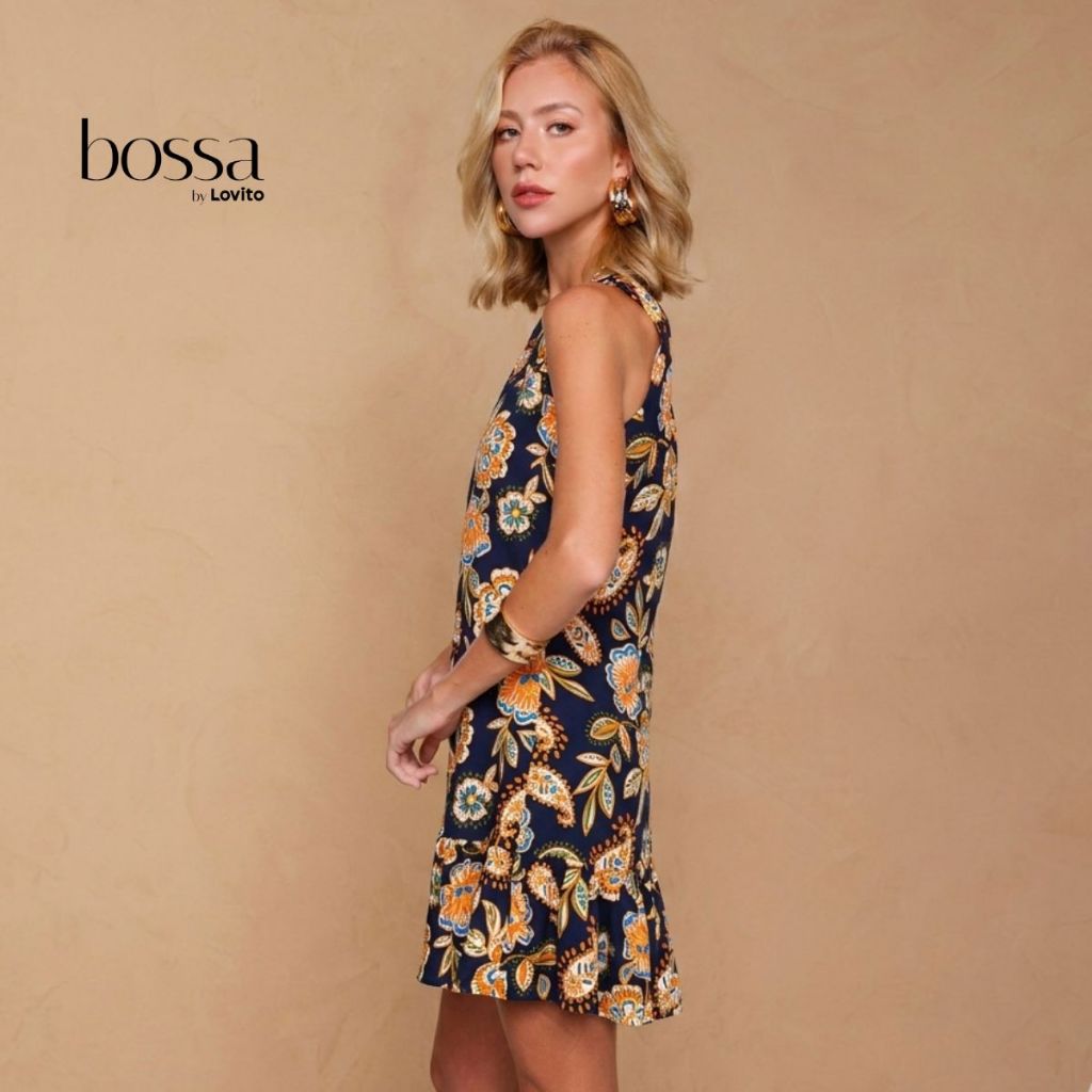 Lovito Bossa Vestido Feminino Curto Sem Mangas Em Viscose Estampa