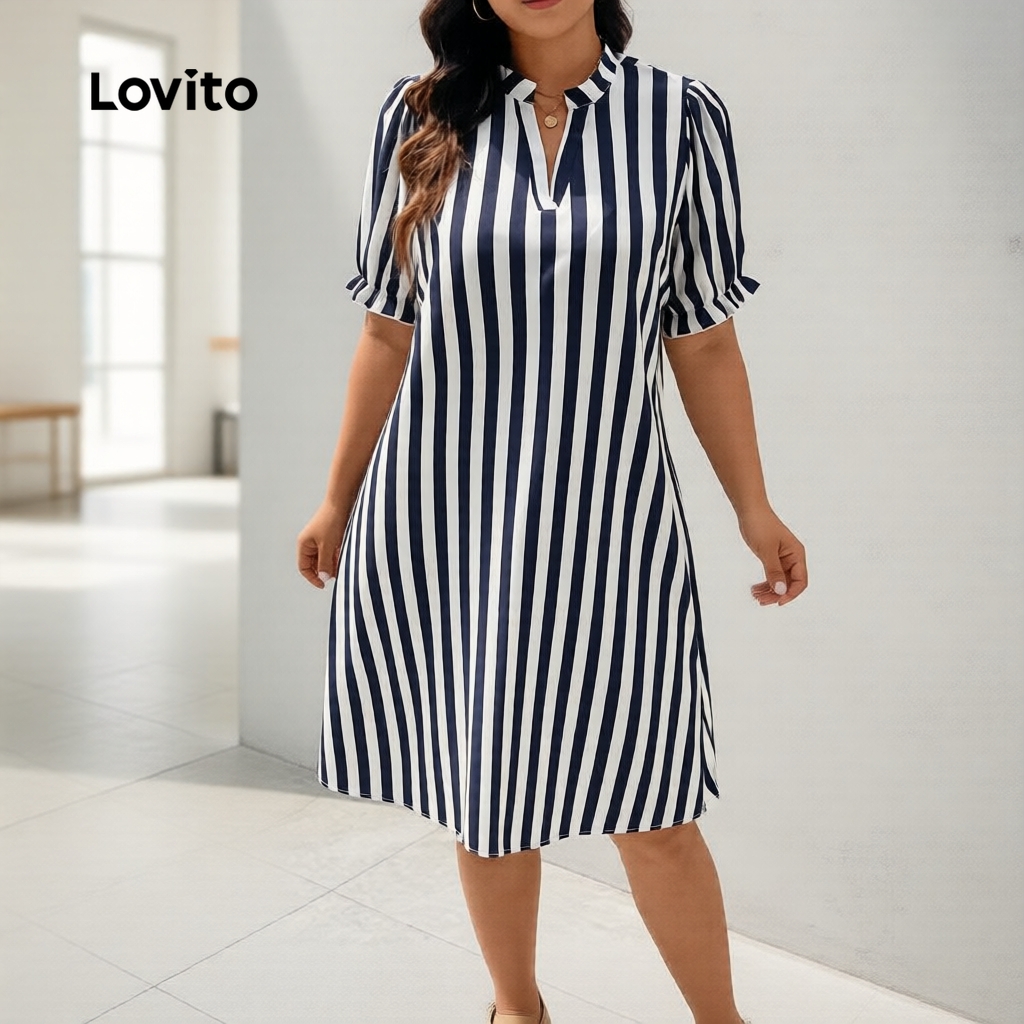 Lovito Casual Vestido Feminino Curvo Listrado Com Babados Botões Plus