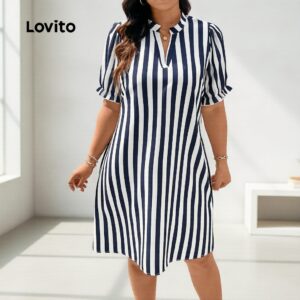 Lovito Casual Vestido Feminino Curvo Listrado Com Babados Botões Plus