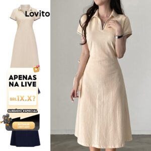 Lovito Casual Vestido Feminino Liso de Amarrar com Costura