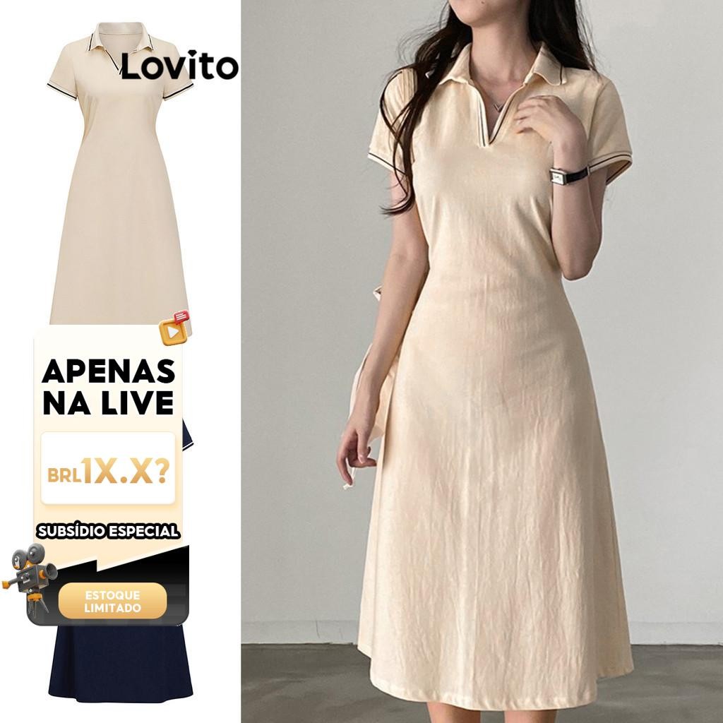 Lovito Casual Vestido Feminino Liso de Amarrar com Costura