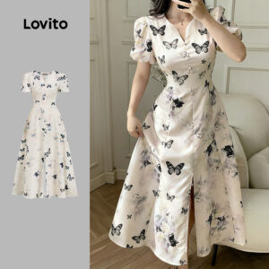 Lovito Elegante Vestido Feminino Formal Justo Estampado Confortável