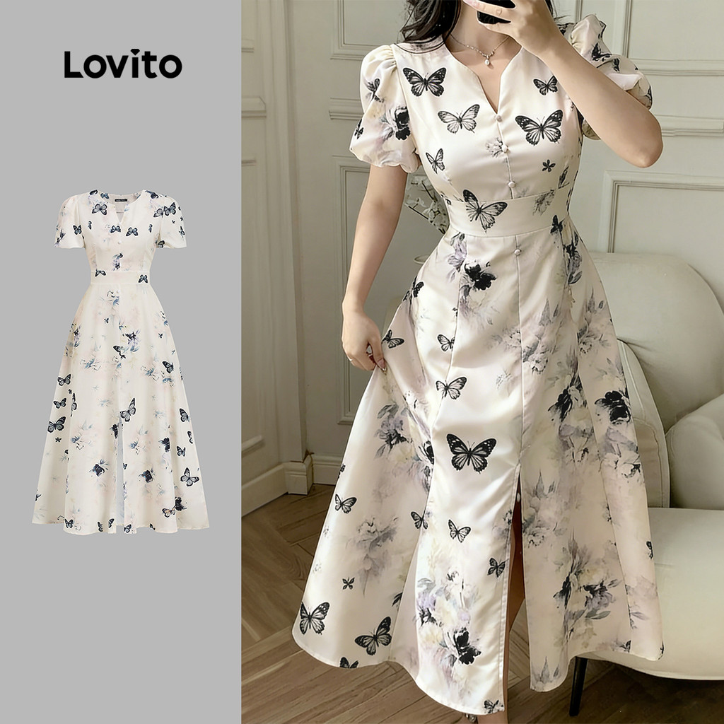 Lovito Elegante Vestido Feminino Formal Justo Estampado Confortável