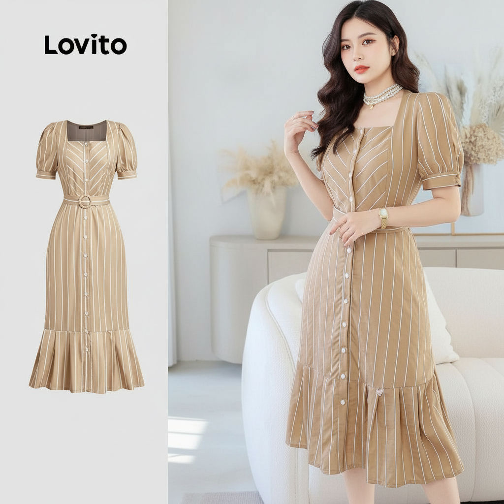 Lovito Elegante Vestido Feminino Geométrico para Primavera e Verão em