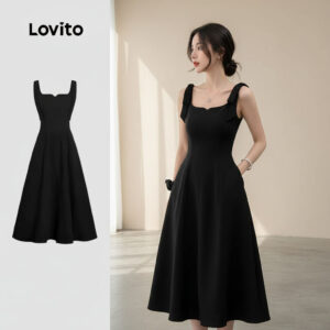 Lovito Elegante Vestido Feminino Preto Com Bolso E Cadarço Ideal Para