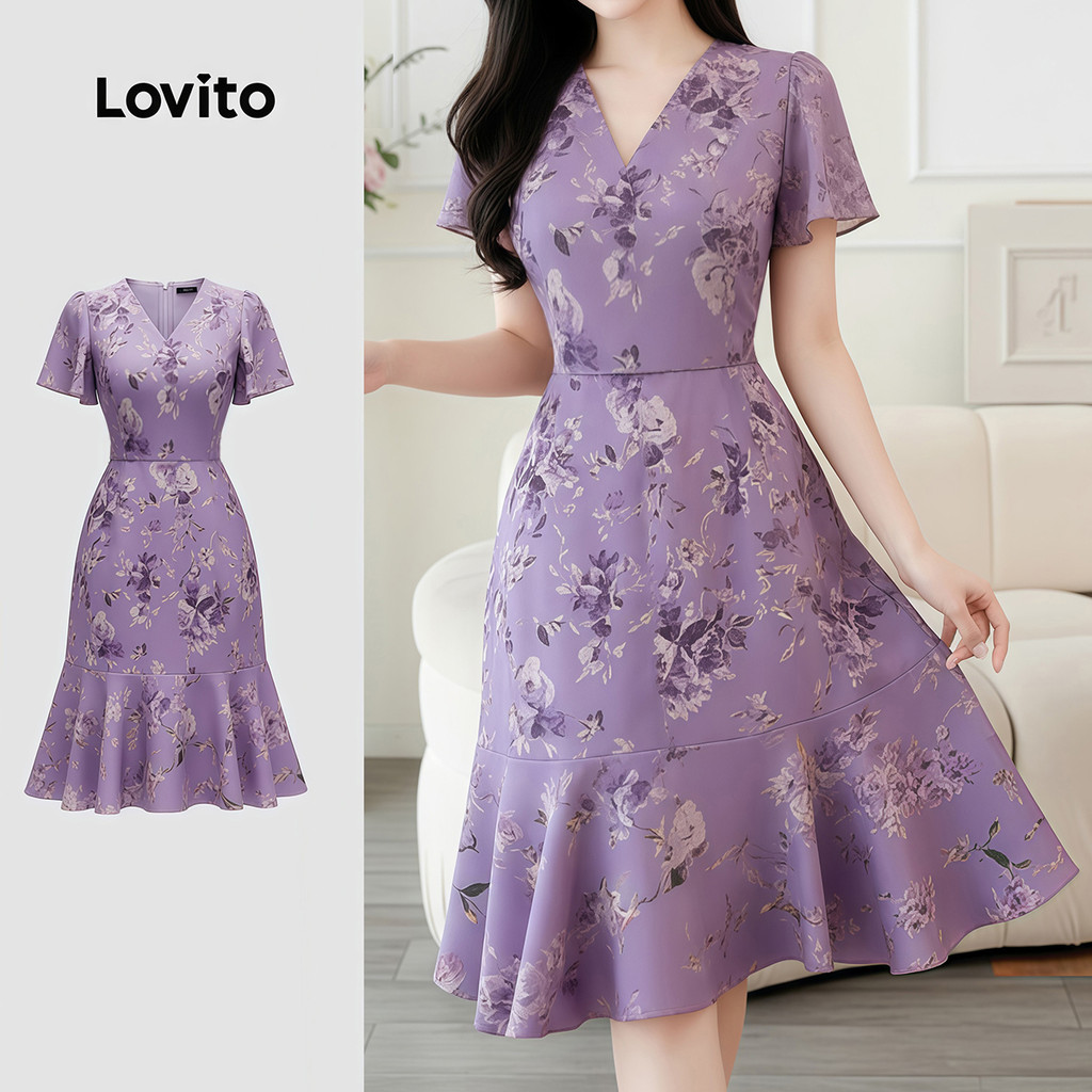 Lovito Elegante Vestido Textura Floral Confortável e Estiloso Vestido