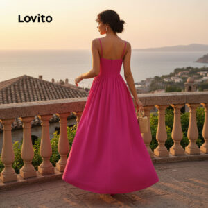 Lovito Férias Vestido Feminino com Zíper em Rosa e Vermelho para