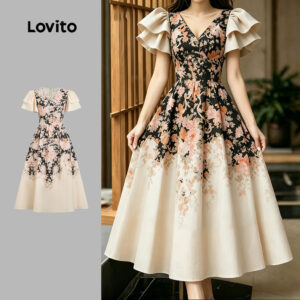 Lovito Vestido Elegante Babado Zíper Vestido Feminino Primavera Verão