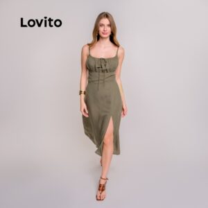 Lovito Vestido Feminino Alças finas e Fenda Moda Feminina