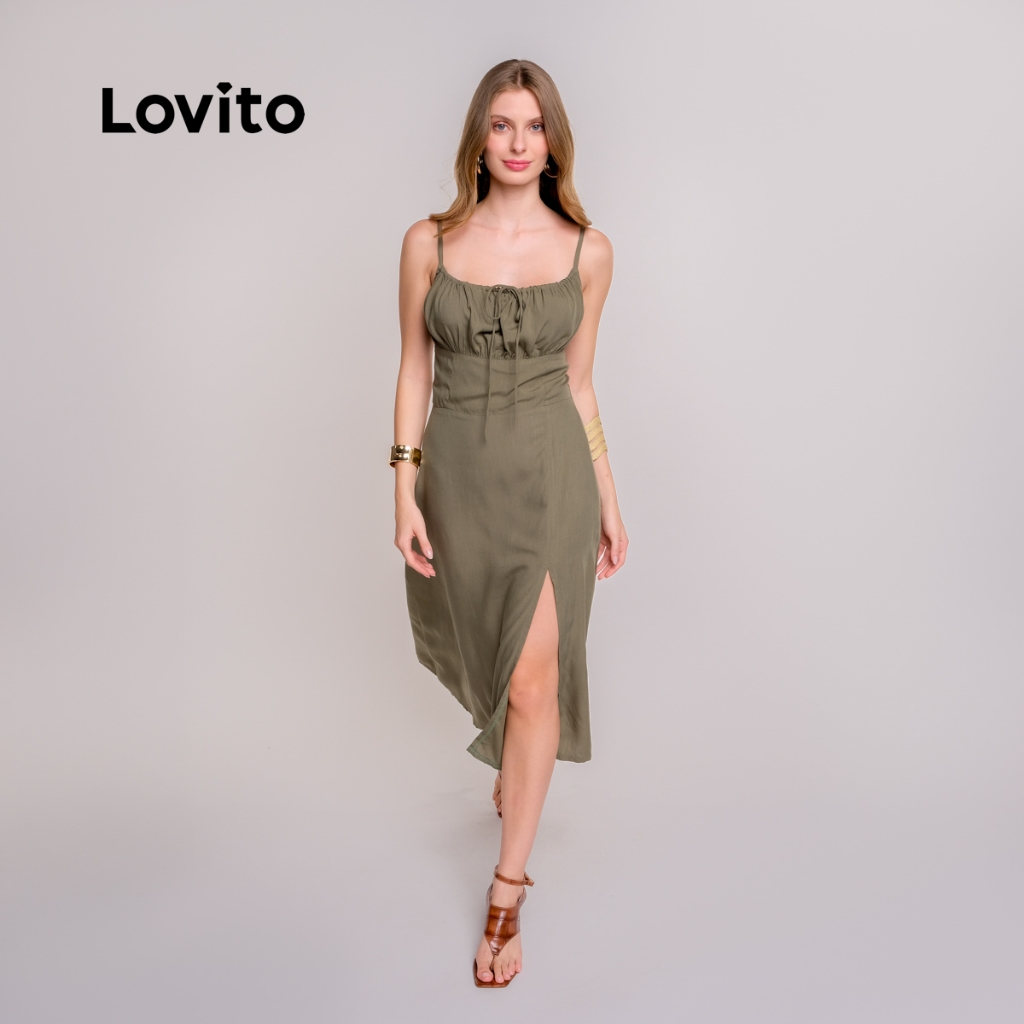 Lovito Vestido Feminino Alças finas e Fenda Moda Feminina