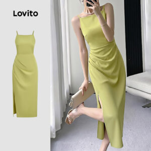 Lovito Vestido Feminino Casual com Pregas e Frente Dividida Verde